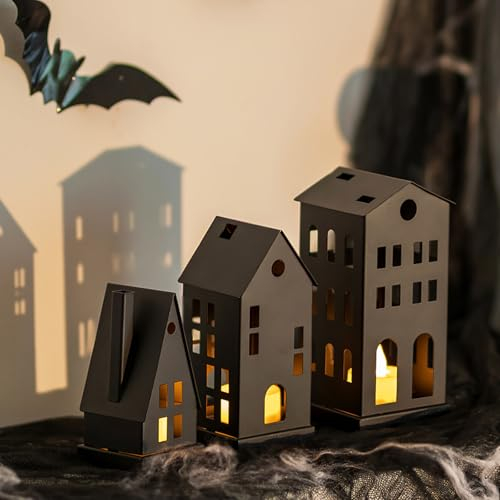Sziqiqi Halloween Laterne Lichthaus Weihnachten: Klein Teelicht Windlicht Haus Schwarz mit 3 LED-Kerzen Dekorative Teelichthaus Lichthäuser Metall Kerzenständer für Fensterbank Mantel Kamin
