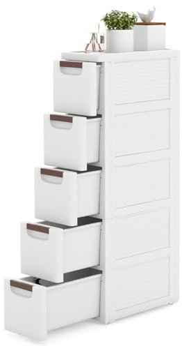 Multigot Bathroom Floor Cabinet On Wheels, Freestanding Slim Storage Cupboard with 3/4/5 Drawers, Mobile Drawer Cabinet Compact Plastic Bathroom Organizer Unit for Living Room Entryway (5-Drawer)