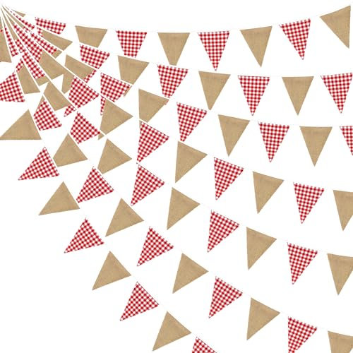 26Ft Guirlande Fanions Toile de Jute Rouge Plaid, Vintage Jute À Carreaux Rouges Bannière Bruant Décoration de Fête Bohême Tissu Drapeau Banderole pour Rustique Mariage Anniversaire Noël Camping Déco