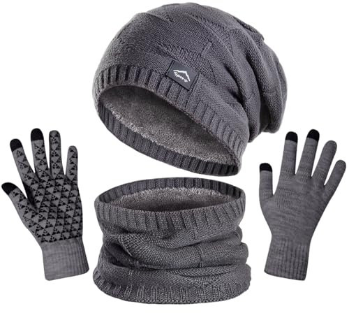 KIRAAT Wintermütze, Schal und Touchscreen-Handschuhe Set für Herren und Damen. Slouchy Strick-Skikhut und Nackenwärmer mit Fleece-Futter für Unisex (Grau)