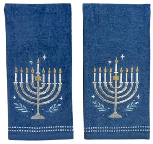 Hanukkah Menorah Bath Hand Towel Set, 16 x 25 inches, Set of 2, Blue Cotton Guest Towels
