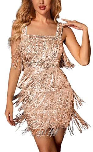 Rrongwn Women's Sequin Dress, Halterneck Sleeveless Cocktail Dress, Sequins, Tassels, Hem, Cocktail Flapper Prom Dress, Glitter Dress, Tight with Slit, Elegant Tight Mini Dress, Rose Gold, S