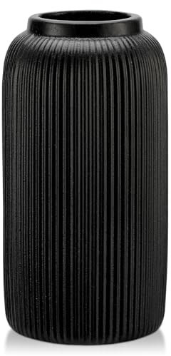 Arborus Ceramic Vase 24 cm Black Vases for Flowers Ceramic Matt Round Ribbed Tall Vase for Decor Flower Vases for Living Room Table Modern Bedroom Boho Home Decor