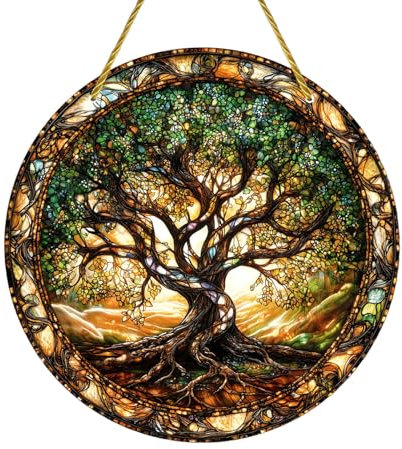 HWOLPEMS Baum des Lebens gebeiztes Acryl-Fensterpaneel, rundes Hängeornament für Schlafzimmer, Veranda, Büro, Garten