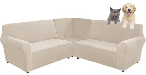SHUOJIA 3-teilige Corner Couch Abdeckung, Sofabezug L Form Stretch Sofabezug aus Samt für 5/7 Sitzer Ecksofa, Anti Rutsch Sofa Überzug L Form Dicker weicher waschbarer Möbelschutz (Beige,7-Seater)