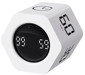 EooCoo Pomodoro Timer, Cubo Temporizador Giratorio 6 Caras - TDAH Time Timer con Sensor Gravedad, 1/5/10/30/60 Minutos Cuenta Atrás, Contador Ascendente de 99 min, Vibración & Modos Ajustables, Blanco