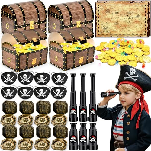 PtyPop Piraten Party Mitgebsel Kindergeburtstag mit Kompass Piraten Augenklappen Teleskop-Requisitenspielzeug Schatztruhen Partytüten, Pirat Pinata Give Aways Kindergeburtstag Gastgeschenk für Jungen