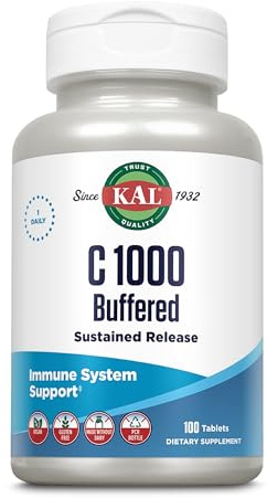 KAL Vitamin C Buffered | 1000mg | 100 Tabletten | gepuffert | säurefrei | vegan | glutenfrei | laborgeprüft | Nahrungsergänzungsmittel mit VitaminC & Calcium | Zellschutz | Stoffwechselprozesse