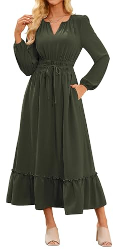 GRACE KARIN Party Dresses for Women UK 2025 Casual Long Sleeve High Waist Loose Fit Maxi Dresses Dark Green XL