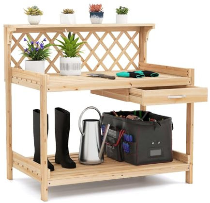 RELAX4LIFE Tavolo da Lavoro da Giardino con Griglia a Traliccio, Ripiano Superiore e Inferiore, Cassetto, Stazione di Lavoro in Legno per Vasi, Patio, Balcone, Serra