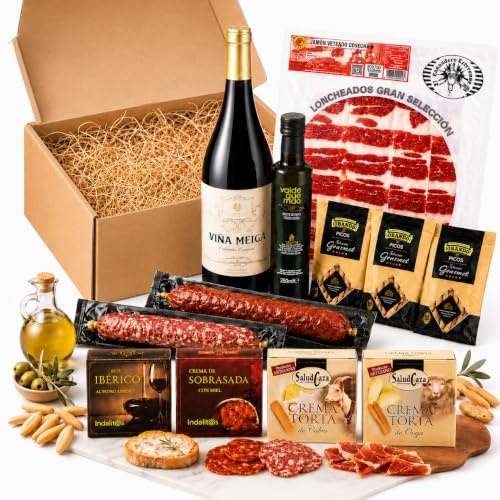 Cesto Gourmet Spagnolo · Salumi e Formaggi Iberico con Vino Tinto 75 cl, AOVE 250 ml, Jamón, Chorizo e Salchichón · Idea Regalo Natale, Pasqua, Compleanno, Aziendale