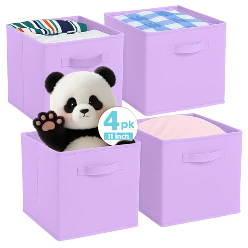 Pinkgarden Aufbewahrungsboxen, Zusammenklappbarer Stoffwürfel-Organisator mit Griffen, für Haus, Kinderzimmer, Schrank und Spielzeugorganisation, 4er-Set,33 x 33 x 33 cm, Lila