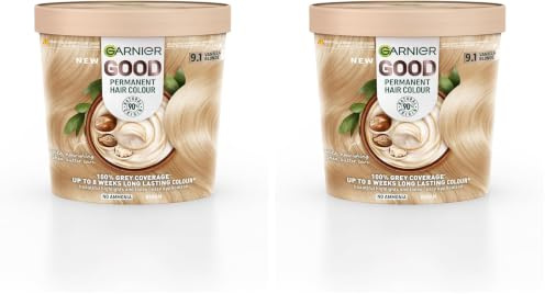 Garnier GOOD Permanent Hair Dye, 9.1 Vanilla Blonde. Delivers 100% grey coverage and 8-week colour. No ammonia, vegan shea butter formula for vibrant, luminous blonde on all hair types. (Pack of 2)