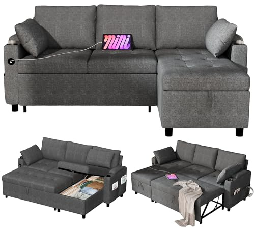 YODOLLA Schlafsofa mit Bettkasten, 200cm Breit Umschaltbare Chaiselongue Schlafsessel mit USB-Ports & Tassenhalter, Ausziehsofa für Wohnzimmer & Wohnung, Grau