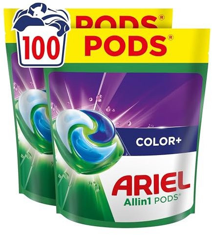 Ariel Pods Color+ Waschmittel, 100 Wäschen | Mit Fleck-Weg-Power ab der 1. Wäsche und starker Reinigung auch in kaltem Wasser.