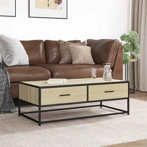 WGYHOME Couchtisch Sonoma-Eiche 100x50x35 cm aus Holzwerkstoff & Metall mit Stauraum für Zeitschriften, Getränke & Fernbedienungen – Wohnzimmer, Lounge, TV-Bereich