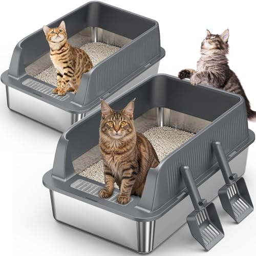 Extra Large Stainless Steel Cat Litter Box for Big Cats, 2 Pack, Deep Grey | High-Sided Tray For Multi-Cat, Removable Deep Pan for Easy Clean, Non-Stick Odour-Free Surface, Includes Scoop