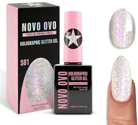 NOVO OVO Reflective Glitter Gel Nail Polish, S01 Silver Stardust (Crushed Diamond), TPO & HEMA Free, Sparkly Holographic Flash Varnish, Soak Off UV LED Manicure for DIY Nail Art & Salon 10ml