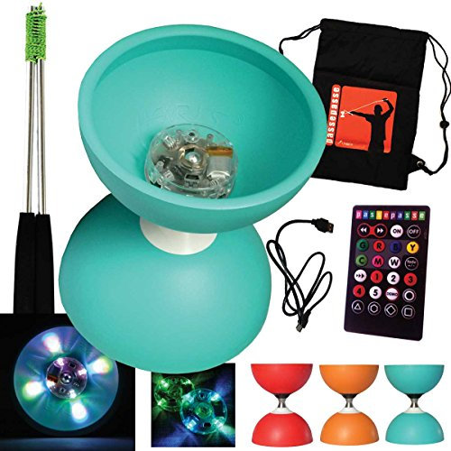 Henrys Turquoise Diabolo Circus Free Axe Roulement avec télécommande USB lumières LED + Baguettes de contrôle en Aluminium et Sac