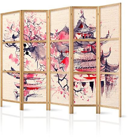 decomonkey Paravent Raumteiler Innen Japan Blumen 225x171 cm 5 Teilig Room Divider Wall Raumteiler Stehend Trennwand Sichtschutz Spanische Wand Sichtschutzwand Wohnzimmer Holz Spa Zen Orient Spa