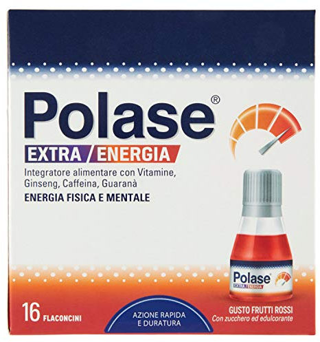 Polase Extra Energia, Integratore Alimentare con Vitamine, Ginseng, Caffeina e Guaranà, per Stanchezza Fisica e Mentale, Gusto Frutti Rossi, 16 Flaconcini