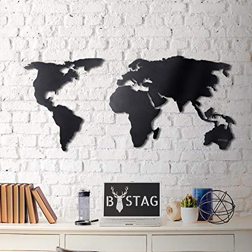 Tubibu Weltkarte Wandkunst, 100 % Metall, Weltkarte 2D, Skulptur, groß und breit – Größe 59,9 x 119,4 cm – Wandbehang für Wohnzimmer, Schlafzimmer, Wohnheim schwarz