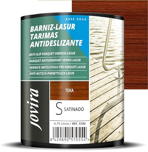 JOVIRA PINTURAS. BARNIZ-LASUR PROTECTOR ANTIDESLIZANTE TARIMAS al Agua. Protege, decora y embellece tarimas de piscinas y jardines. (750 Mililitros, Teka) F-25