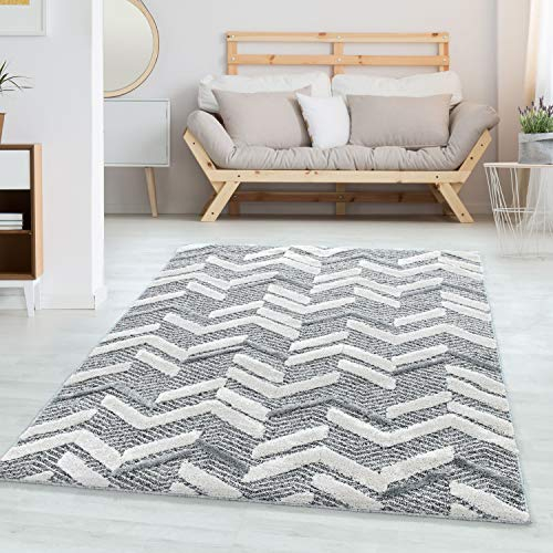 Carpettex Hochflor Teppich - 3D Optik Hoch-Tief Effekt Berber-Design für Wohnzimmer, Flur, Schlafzimmer - Grau 80 x 250 cm - Flauschiger Läufer im Skandinavischen Stil