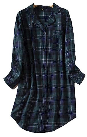 DSKK Chemise de Nuit Femmes Coton à Carreaux boutonnée Manches Longues,Femmes Hauts de Pyjama Chemise de Nuit pour Femme (Vert,XL)