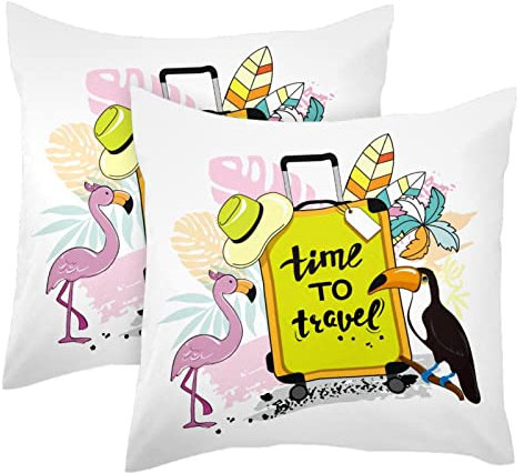 Set mit 2 niedlichen Kissenbezügen mit Flamingo-Tukan zum Reisen, dekorativ, für Schlafzimmer, Sofa, Wohnzimmer, Auto, 40,6 x 40,6 cm