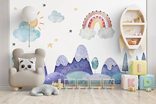 Myphotostation Kinderzimmertapete, abziehbare Tapete zum Abziehen und Aufkleben, Kinderwandbild, Bäume, Berge, Wolken, Sterne, Kindertapete, 501 x 295 cm (B x H)
