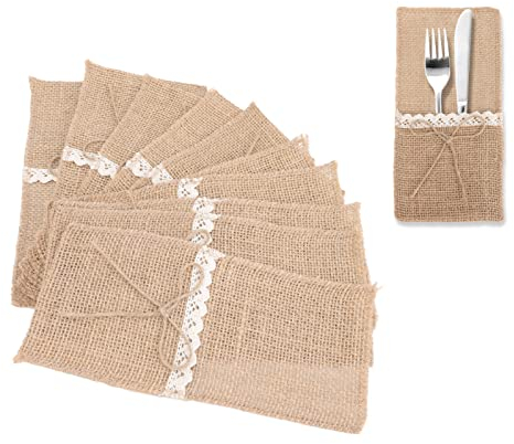 Pssopp 20 pièces Porte-ustensiles de Vaisselle en Toile de Jute Naturelle, Sac à Couverts en Dentelle pour Les décorations de réglage de Table de dîner de Mariage de fête