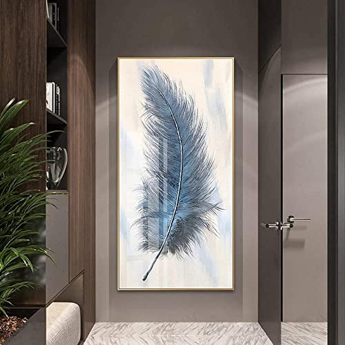 HTWLMM Abstrakte Wandbilder, Grau Blaue Feder Moderne Ohne Rahmen Print Leinwandbilder Malerei Bilder Kunstposter Deko für Wohnzimmer Schlafzimmer Hauptdekorationen (60X120CM,A)