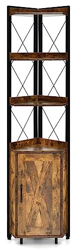 SFAREST 6-Tier Corner Bookcase, Wooden Display Storage Cabinet with Adjustable Shelf & Anti-tipping Device, Home Office Shelving Organizer Unit for Living Room Bedroom Bathroom (Rustic Brown)