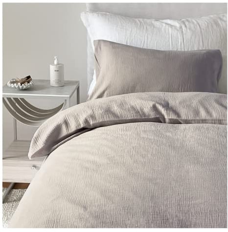 von Herzen Musselin Bettwäsche I weiche Bettwäsche I 100% Baumwolle I Bezug für Bettdecke + Kissen I Bettwäscheset mit Reißverschluss für Erwachsene I handgenäht I Taupe 155x220 / 80x40