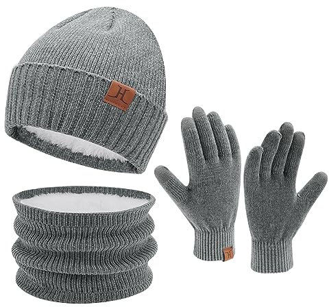Femme Homme Hiver Bonnet Chapeau Écharpe Écran Tactile Gants Ensemble Chaud Chenille Polaire Doublé Casquette Cache Cou Gant Cadeaux pour Femmes Hommes