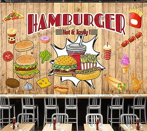 Tapete Benutzerdefinierte 3D Fototapete Home Decorbenutzerdefinierte Wandtafel Hamburg Fast Food Tapete Industriedekoration Restaurant Snackbar Ktv Hintergrundtapete-350Cmx245Cm