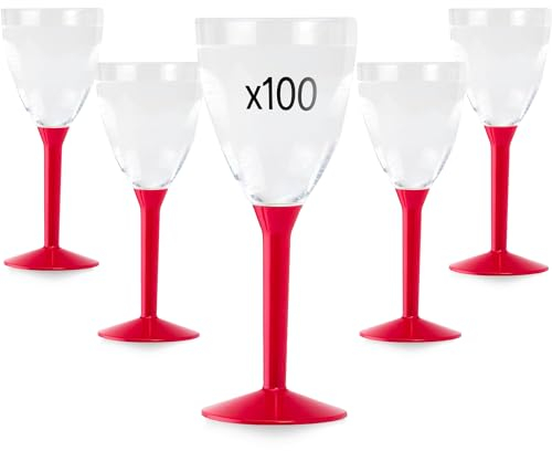 Table'Colors Lot de 100 Verres A Pied Plastique Lavable et Reutilisable - Emboitage Parfait, Grande Stabilité, Idéal Mariage, Anniversaire, Réceptions - Contenance 16cl (Rouge)
