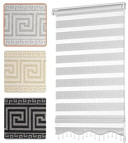 Doppelrollo mit Muster Mäander Deko Griechische Welle Ornament Motiv Klemm Duo Rollos für Fenster Innen ohne Bohren Weiß Silber 50x200 cm