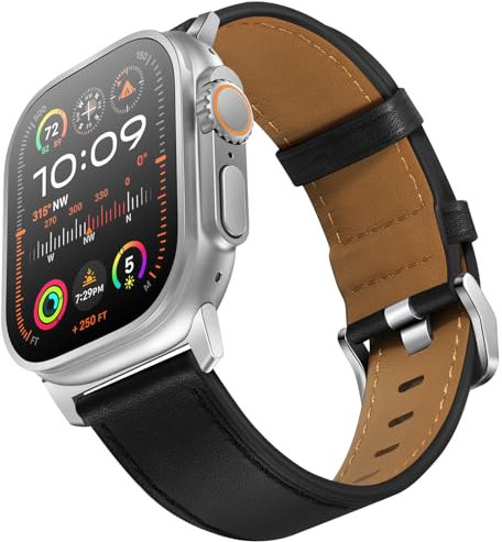 UUPWPOKT Compatible con Apple Watch Ultra 2/1 Band de 49 mm, 46 mm, 45 mm, 44 mm, 42 mm, correa de piel auténtica para iWatch Series 10, 9, 8, 7, 6, 5, 4, 3, 2, 1, SE, negro/plateado