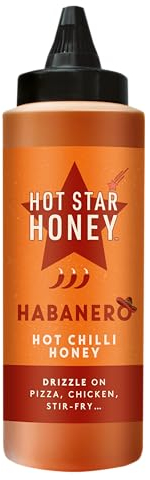 Hot Star Honey Habanero Hot Chilli Honey – Premium Sweet Habanero Chilli Honey – 100% Natural, No Additives – Perfect Drizzle for Pizza, Chicken, BBQ, Wings & Stir-Fry – Made in UK – 325g