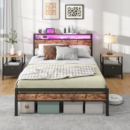 BORPHOM Double Bed Frame with Storage Wood Headboard Shelf,LED Lights,4ft6 Heavy Duty Metal Platform Wooden Bed Frame Double Bed with Charging Station,Mattress Base,Strong Steel Slats Support,Brown