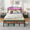 BORPHOM Double Bed Frame with Wooden Storage Headboard,Charging Station,LED Lights,4ft6 Heavy Duty Metal Platform Bed Frame Double Bed No Box Spring Needed,Mattress Base,Strong Steel Slats Support