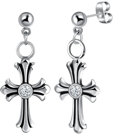 Yumilok Men Stainless Steel Cross Earrings Creative Cross with Zirconia Drop Earrings for Fashionable Youth Vintage Ear Accessories Novelty Jewellery