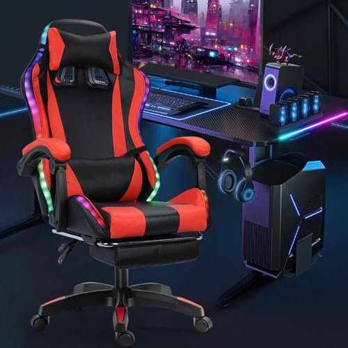 Computer Gaming Chair,Video Game Chairs,Ergonomic Chair with Bluetooth-compatible Speakers and RGB LED Lights Height Adjustable with Footrest and Lumbar Support for Office or Gaming (Black & Red)