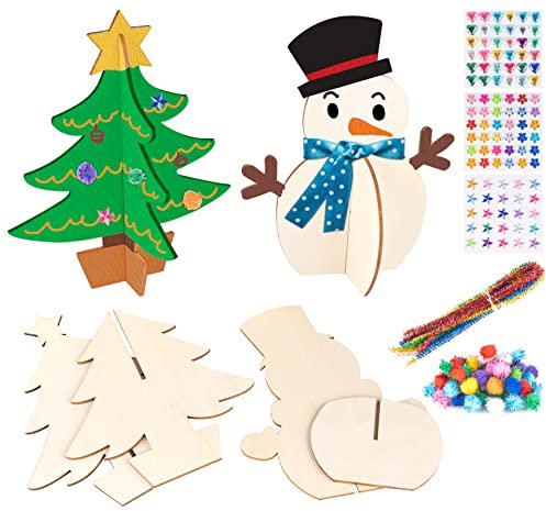 Homewit Fai da Te Natale per Bambini, Albero di Natale 3D in Legno, Pupazzo di Neve 3D, Decorazioni Natalizie in Legno, 4 Pezzi, Pittura e Decorazioni