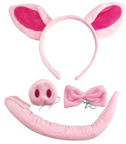 Namvo Ensemble de Costume de Cochon Serre-tête en Peluche de Dessin animé Mignon avec Oreilles de Cochon Roses, Boucles d'oreilles de Cochon, Queue, Nez et nœud - Idéal pour Les Performances de