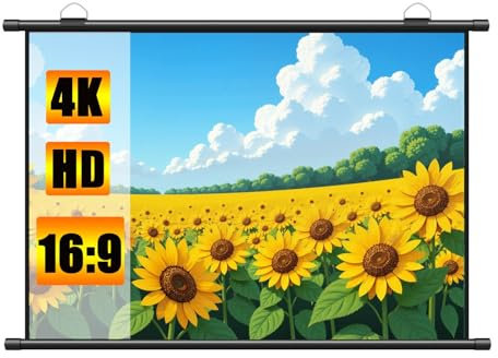 Aqkgtj Pantalla de proyector retráctil Manual de 100 Pulgadas, Tela proyección compacta portátil de Alta definición de 16:9 para Montaje en Techo o Pared para Cine en casa y Oficina