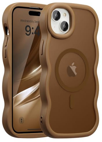 UEEBAI Magnetic for iPhone 14 Plus/15 Plus Case, Compatible with MagSafe, Transparent Wave Frame Design Cover Soft Edge Cover Cute Clear Matte Shockproof Protective Phone Case, Gold