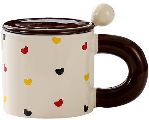 wigmoa TH-M Tasse en céramique en forme de cœur avec couvercle et cuillère - Tasse à café pour thé et café - 400 ml - Joli mug pour homme et femme - Motif unique - Marron